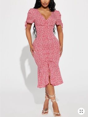 Fashion Nova Pink Red Floral Midi Dress with V-Neck